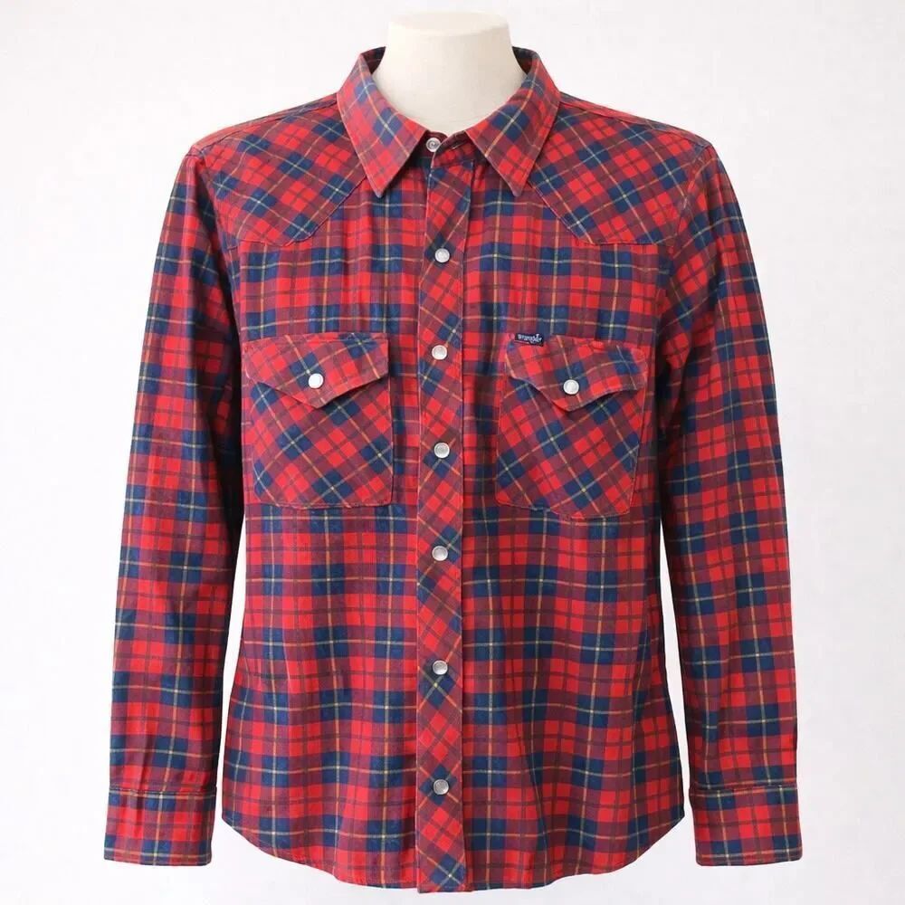 VTG Wrangler Red Plaid Men’s Western Pearl Snap Shirt M